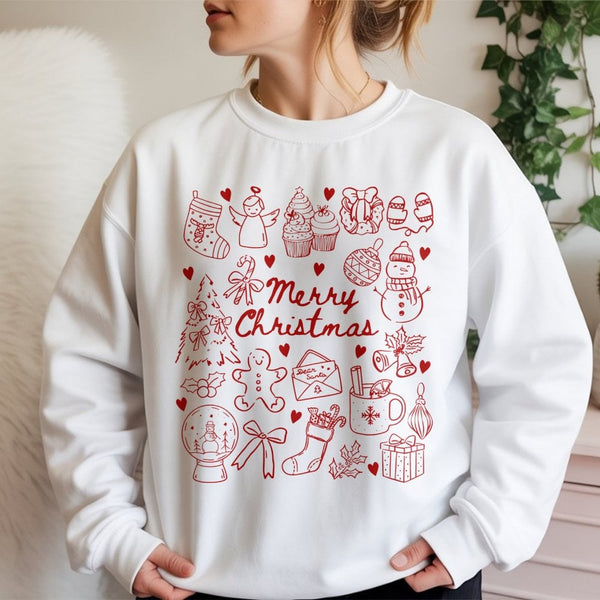 Red Festive Holiday Doodles Shirt, Merry Christmas Sweatshirt, Adorable Christmas Icons Crewneck, Comfy Winter Sweater, Holid