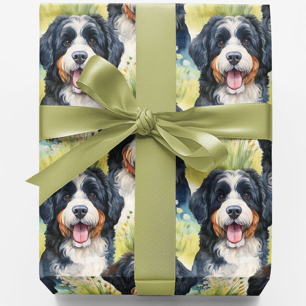 Berner Puppy Gift Wrap, Bernese Mountain Dog Wrapping Paper, Watercolor Dog Floral Gift Wrapping Paper, Dog Lover Christmas P