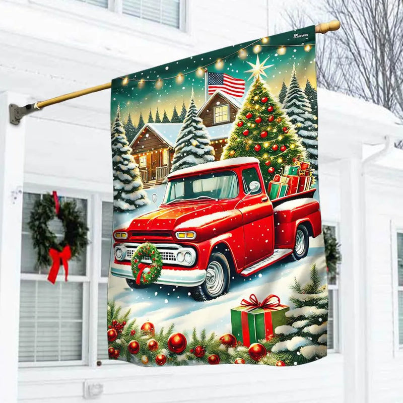 Winter Farmhouse Snow Scene Yard Flag, Vintage Red Pickup Truck Christmas Garden Flag, Double Sided Holiday Lawn Flag, Xmas Yard Decor