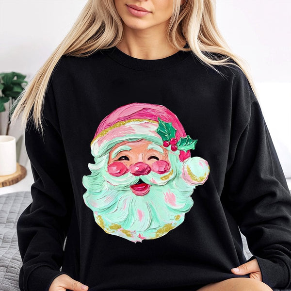Oil Painting Brushstroke Graphic Sweater, Retro Santa Christmas Sweatshirt, Preppy Holiday Crewneck, Aesthetic Xmas Pullover 