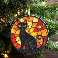 Faux Glass Cat Christmas Ornament, Stained Glass Black Cat Ornament, Ceramic Black Cat Tree Ornament, Holiday Keepsake Present for Cat Lovers