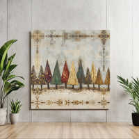 Vintage Gold Leaf Holiday Forest Print, Rustic Christmas Trees Canvas Wall Art, Farmhouse Xmas Decor, Digital Download Printable Poster