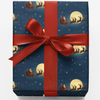 Santa and Reindeer Christmas Gift Wrap, Midnight Sleigh Ride Wrapping Paper, Festive Winter Night Present Paper Roll for Presents