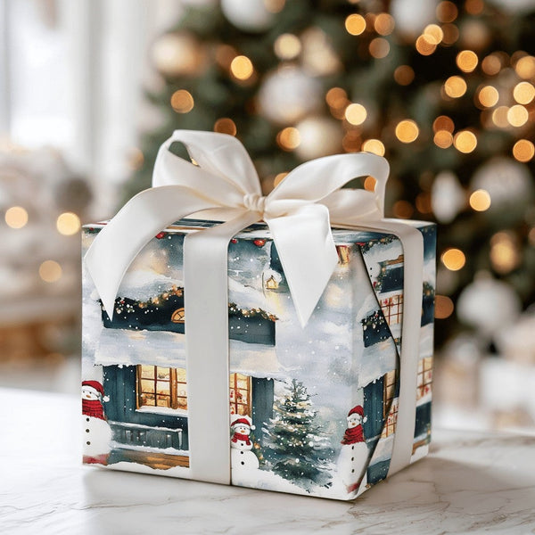 Festive Holiday Gift Wrap, Snowman Winter Village Christmas Wrapping Paper, Adorable Snowmen Scene Wrapping Paper, Winter Gif