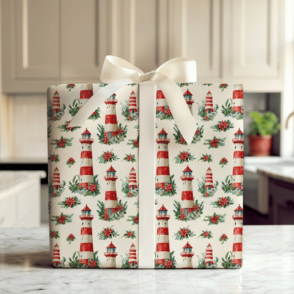 Poinsettia Nautical Holiday Gift Wrap, Coastal Lighthouse Christmas Wrapping Paper, Beach Christmas Wrapping Paper, Gift Wrap