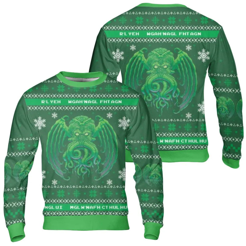 Lovecraftian Monster Ugly Sweater, Cthulhu Christmas Sweatshirt, HP Lovecraft Cosmic Horror Xmas Pullover, Retro Holiday Creature Top