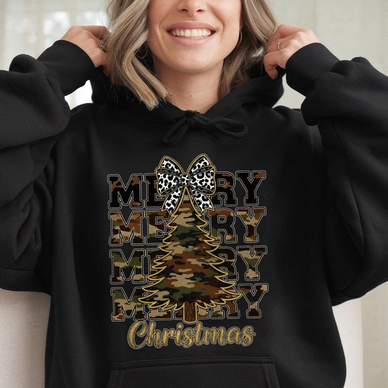 Rustic Leopard Bow Holiday Pullover, Merry Christmas Camo Hoodie, Country Hunting Season Sweatshirt, Adorable Xmas Tree Camouflage Hoodie