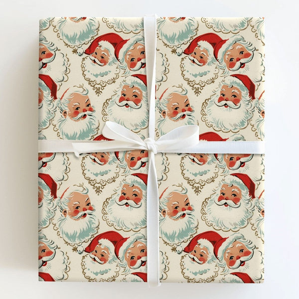 Retro Christmas Gift Wrap, Vintage Santa Claus Faces Wrapping Paper, Classic Holiday Wrapping Paper, Nostalgic Santa Present 