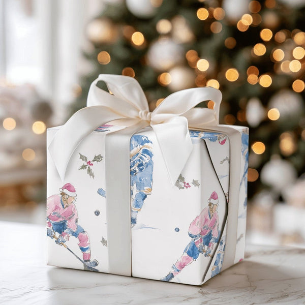 Watercolor Sports Christmas Gift Wrap, Hockey Player Santa Hat Wrapping Paper, Ice Hockey Wrapping Paper Roll, Festive Sports