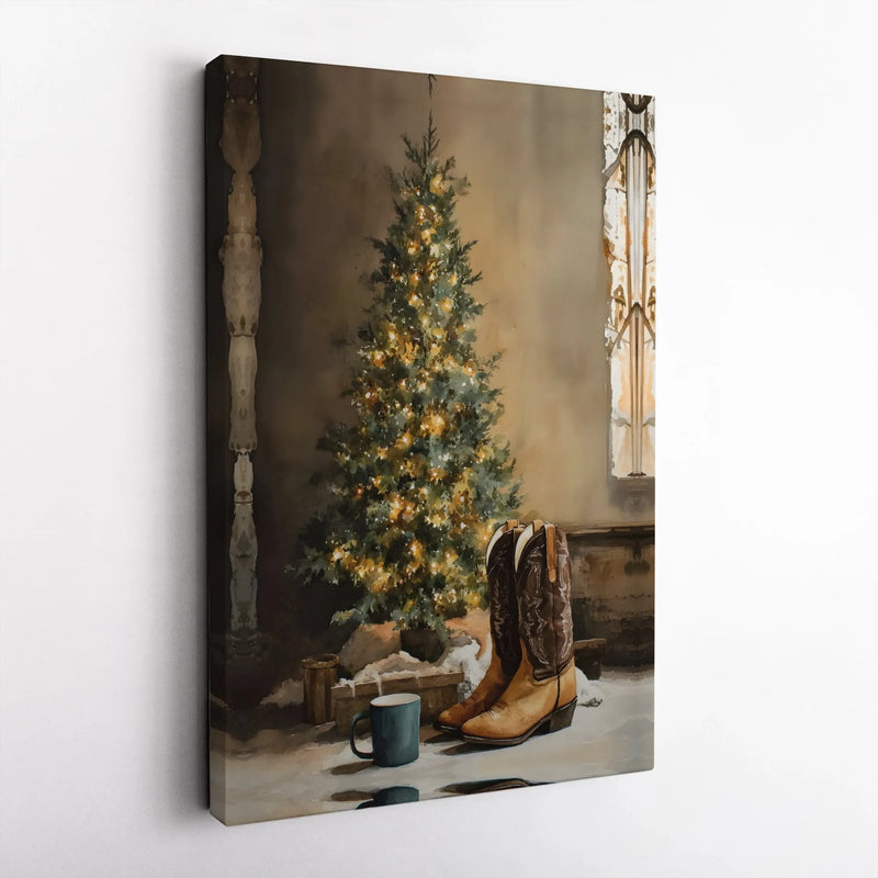 Cowboy Boots Holiday Tree Canvas Print, Western Christmas Canvas Wall Art, Rustic Country Christmas Canvas, Cowgirl Xmas Decor Present