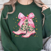 Pink Cowgirl Christmas Sweatshirt, Western Christmas Boots Sweatshirt, Holiday Bow Sweatshirt, Country Western Crewneck, Present for Her