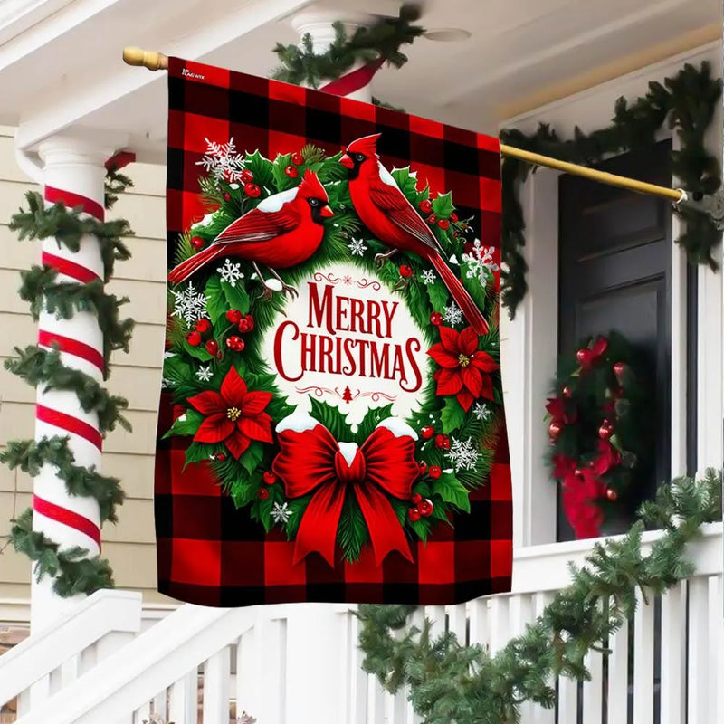 Merry Christmas Buffalo Plaid Wreath Yard Flag, Christmas Cardinal Garden Flag, Double-Sided Winter Bird Lawn Flag, Holiday Home Decor