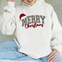 Santa Hat Typography Hooded Sweatshirt, Leopard Print Merry Christmas Hoodie, Adorable Animal Print Holiday Pullover, Festive Cheetah Jumper