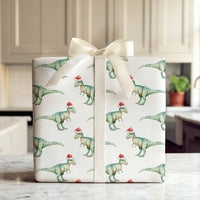 Watercolor TRex Dinosaur Gift Wrap, Dinosaur Christmas Wrapping Paper, Santa Hat Dinosaur Wrapping Paper, Kids Holiday Dinosaur Gift Wrap