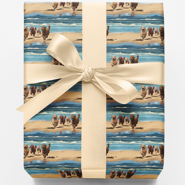 Running Doodle Beach Wrapping Paper, Seaside Goldendoodle Gift Wrap, Coastal Dog Present Paper, Adorable Birthday Christmas G