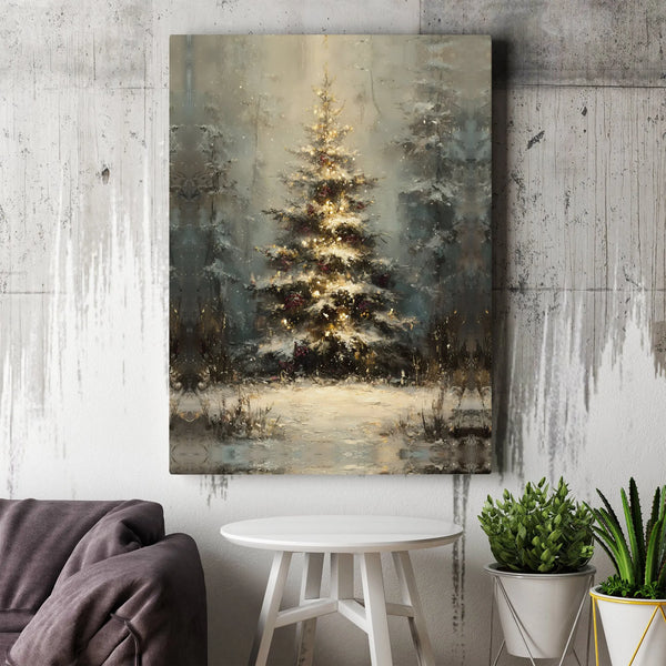 Snowy Winter Forest Canvas Print, Glowing Christmas Tree Canvas Art, Holiday Landscape Wall Art, Xmas Tree Canvas Decor, Comf