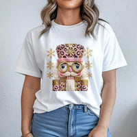 Preppy Crochet Holiday T-Shirt, Pink Leopard Nutcracker Christmas Shirt, Retro Nutcracker Tee, Adorable Holiday Graphic Shirt, Xmas Present for Her