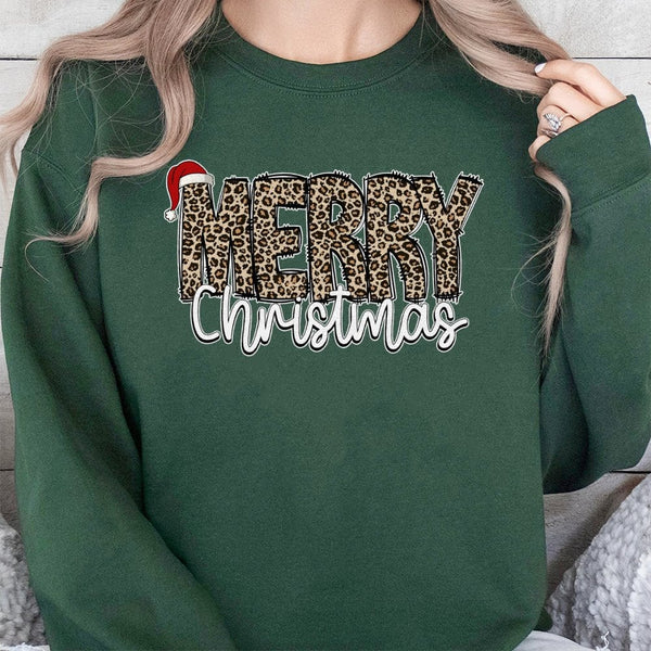 Leopard Print Santa Hat Holiday Crewneck, Merry Christmas Sweatshirt, Adorable Christmas Graphic Pullover, Comfy Winter Holid