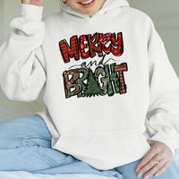Plaid Festive Tree Graphic Sweatshirt, Merry and Bright Christmas Hoodie, Comfy Holiday Season Pullover, Winter Xmas Hooded Sweater