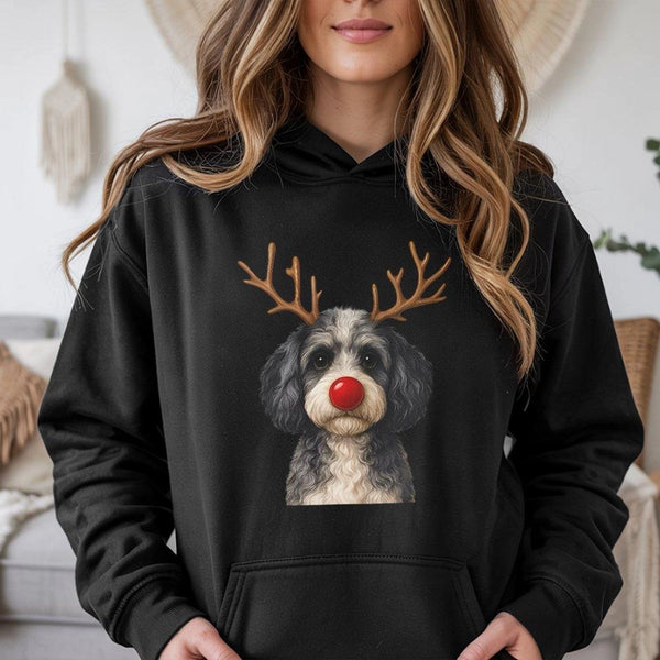 Humorous Red Nose Rudolph Puppy Hooded Sweatshirt, Christmas Reindeer Dog Hoodie, Adorable Winter Holiday Pet Sweater, Xmas D