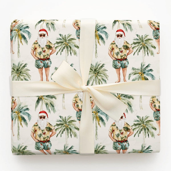 Hawaiian Vacation Santa Gift Wrap, Tropical Santa Wrapping Paper, Beach Palm Tree Holiday Present Paper, Humorous Christmas W