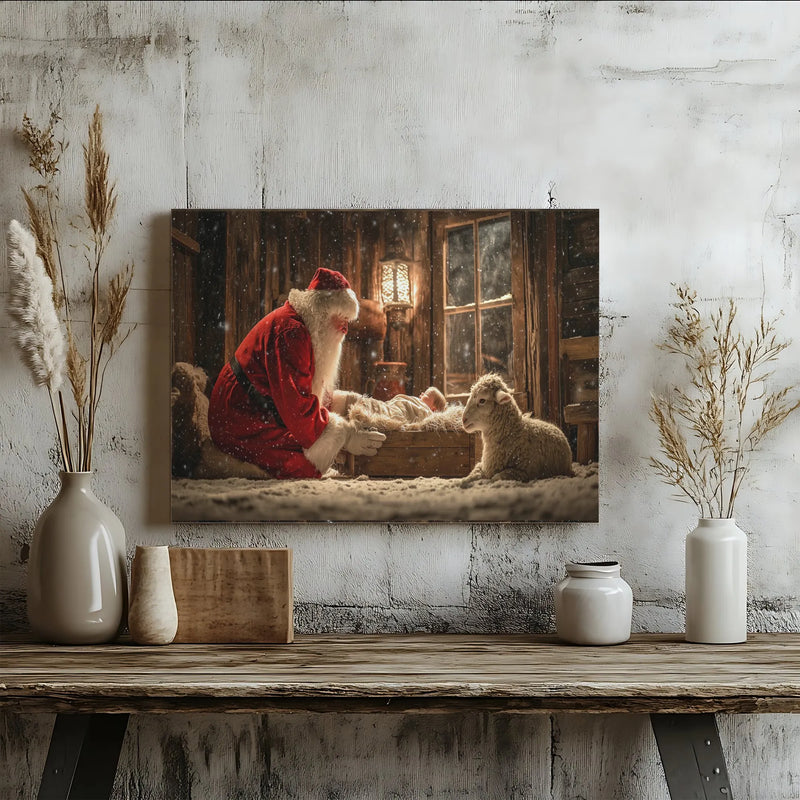 Santa Kneeling Before Baby Jesus Print, Nativity Canvas Wall Art, Religious Christmas Decor, Christian Holiday Present for Home Living Room