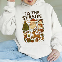 Retro Santa and Snowman Hoodie, Tis the Season Christmas Hoodie, Vintage Holiday Graphic Hooded Sweatshirt, Comfy Winter Pullover, Xmas Present
