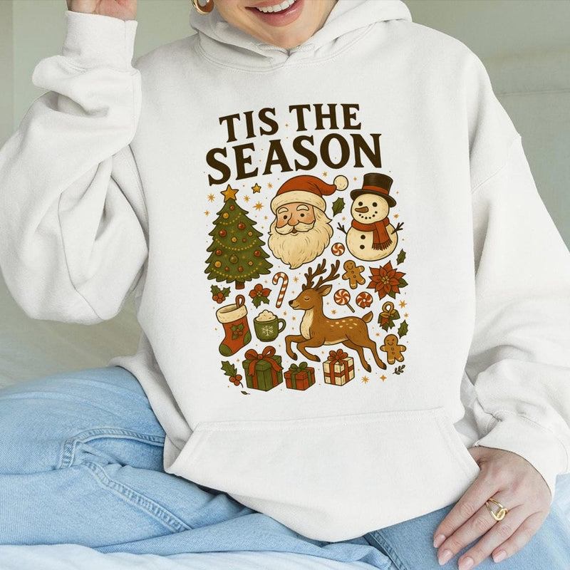 Retro Santa and Snowman Hoodie, Tis the Season Christmas Hoodie, Vintage Holiday Graphic Hooded Sweatshirt, Comfy Winter Pullover, Xmas Present