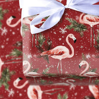 Red Snowy Flamingo Gift Wrap, Tropical Christmas Wrapping Paper, Pink Flamingo Holiday Wrapping Paper, Festive Seasonal Present Gift Wrap