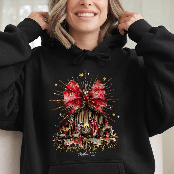 Christian Christmas Scene Pullover, The Greatest Present of All Nativity Hoodie, Jesus Birth Scripture Hooded Sweatshirt, Rel