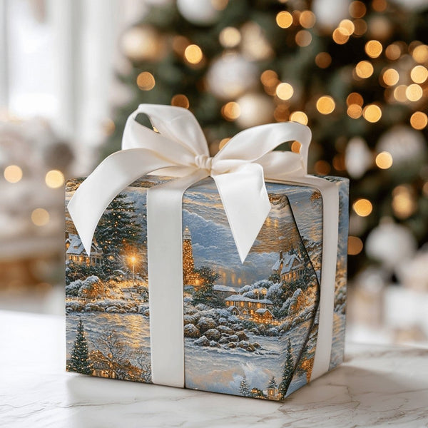 Lighthouse Christmas Gift Wrap, Snowy Coastal Village Wrapping Paper, Nautical Winter Wrapping Paper Roll, Holiday Seaside Pr