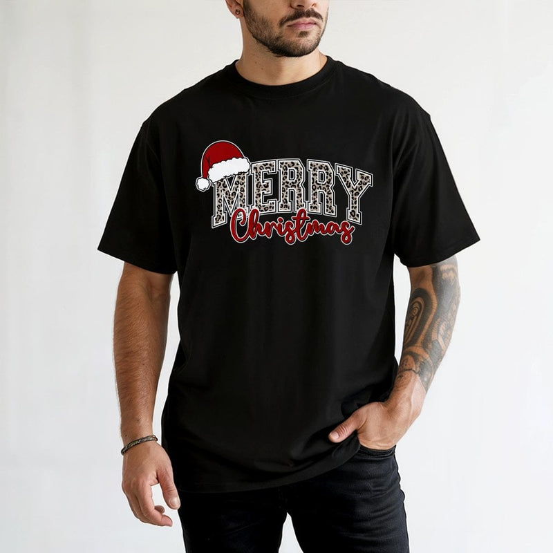 Adorable Retro Xmas Graphic Tee, Merry Christmas Leopard Santa Hat T-Shirt, Buffalo Plaid Cheetah Holiday Shirt, Festive Women Christmas Top