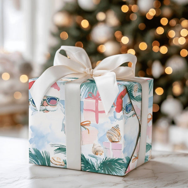 Coastal Beach Holiday Gift Wrap, Tropical Santa Christmas Wrapping Paper, Palm Tree Xmas Wrapping Paper, Summer Holiday Gift 