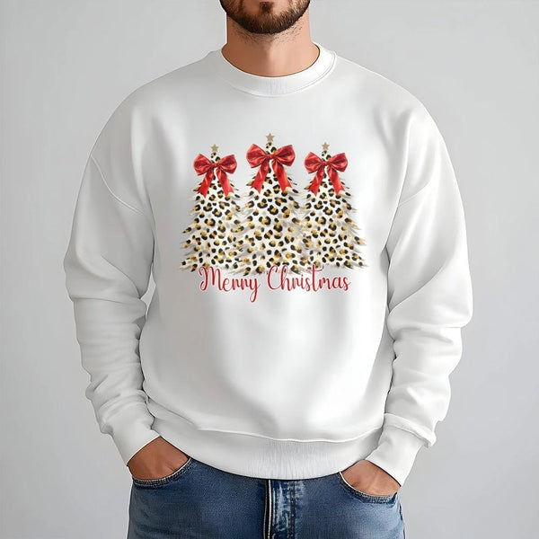 Coquette Bow Holiday Tree Crewneck, Leopard Print Christmas Tree Sweatshirt, Merry Christmas Graphic Pullover, Festive Winter