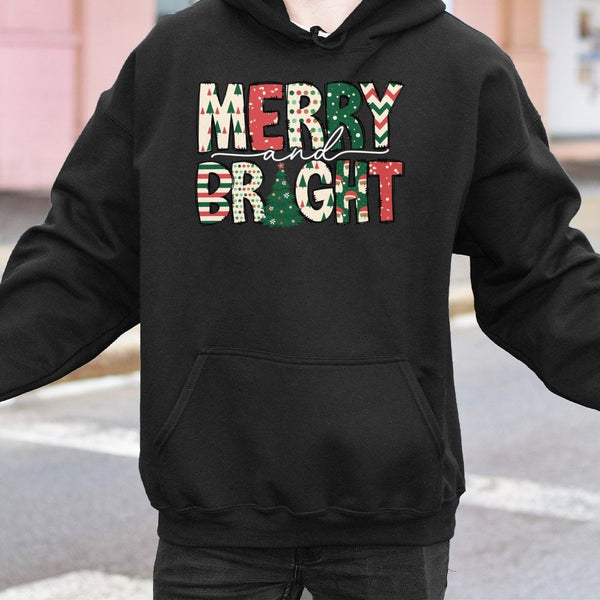 Festive Christmas Tree Graphic Sweatshirt, Merry and Bright Hoodie, Adorable Retro Holiday Pullover, Comfy Winter Xmas Appare