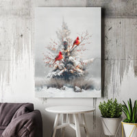 Snowy Winter Pine Tree Canvas, Red Cardinal Canvas Wall Art, Cardinal with Red Berries Canvas Print, Christmas Holiday Seasonal Wall Decor