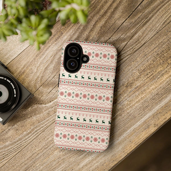 Ugly Sweater Pattern Phone Cover, Christmas Reindeer iPhone Case, Dual Layer Polycarbonate TPU Tough Phone Case, Festive Holi