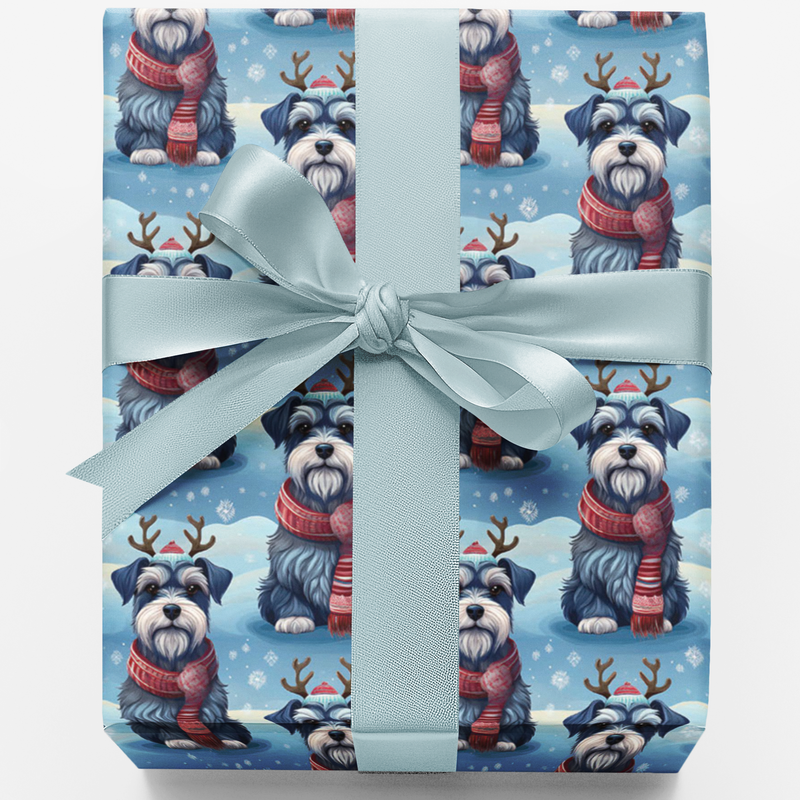 Reindeer Scarf Holiday Gift Wrap, Schnauzer Dog Wrapping Paper, Christmas Puppy Wrapping Paper, Dog Lover Christmas Present Paper