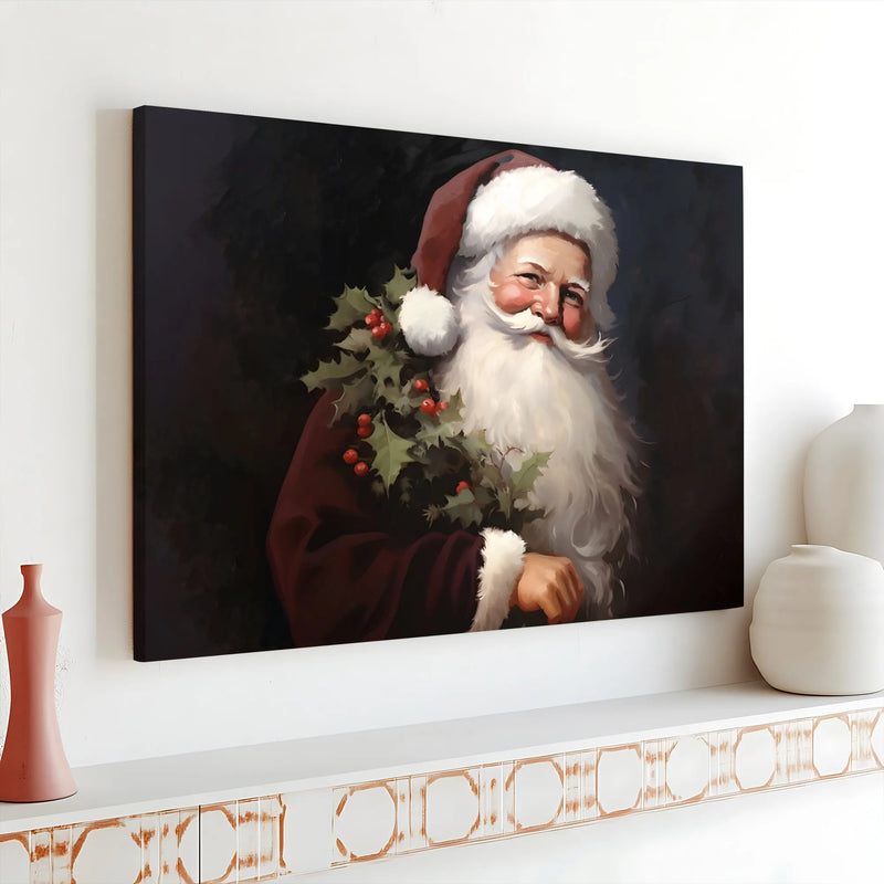 Classic Holly Wreath Portrait Canvas Print, Vintage Santa Claus Wall Art, Traditional Christmas Canvas Art, Holiday Home Wall Decor