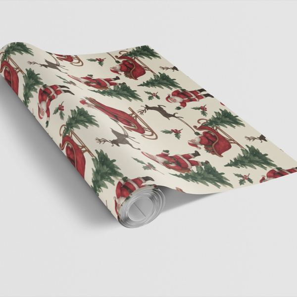 Watercolor Santa Gift Wrap, Vintage Santa Sleigh Wrapping Paper, Retro Christmas Sleigh Wrapping Paper, Winter Holiday Gift W