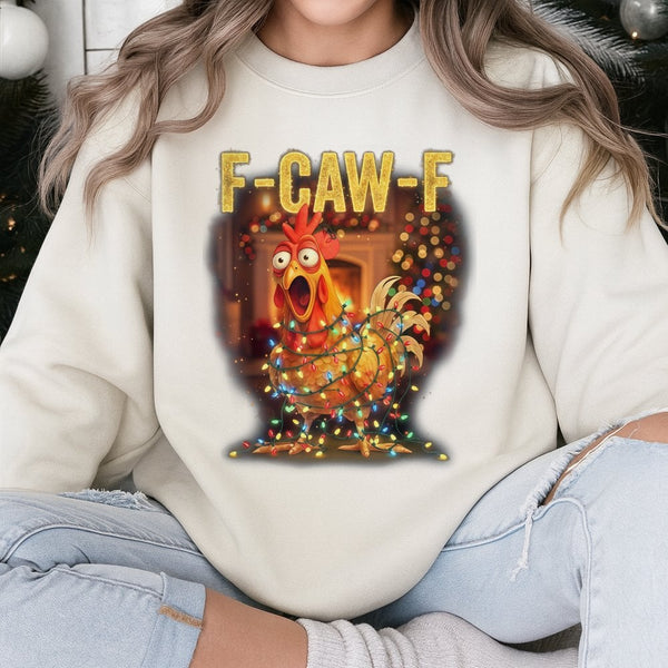 Humorous Christmas Lights Sweatshirt, F-CAW-F Chicken Sweatshirt, Retro Holiday Hen Crewneck, Sarcastic Christmas Sweatshirt