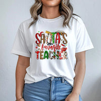 Leopard Print Holiday Tee, Santa's Favorite Teacher Christmas T-Shirt, Elementary Educator Graphic Shirt, Festive Teacher Xmas Party Tee