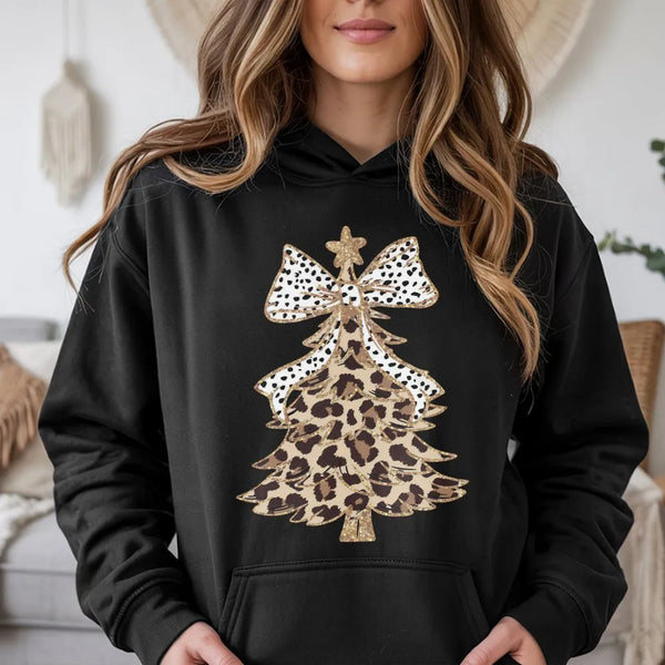 Festive Polka Dot Bow Hooded Sweatshirt, Leopard Print Christmas Tree Hoodie, Adorable Xmas Tree Graphic Pullover, Winter Hol