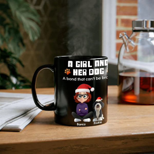 Custom Cartoon Girl and Dog Holiday Coffee Mug, Personalized Dog Mom Christmas Mug, Ceramic Festive Cup, Present for Pet Love
