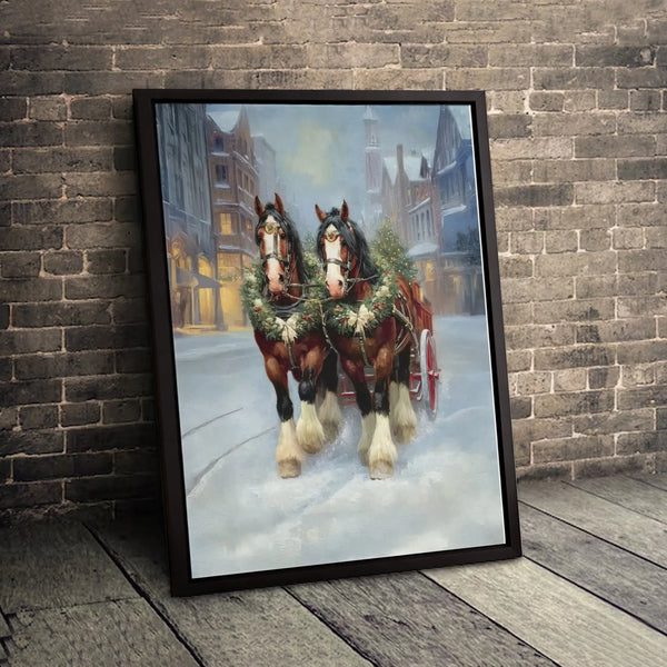 Snowy Town Winter Scene Canvas, Christmas Horse Carriage Canvas Wall Art, Holiday Farmhouse Canvas Print, Rustic Winter Wall 
