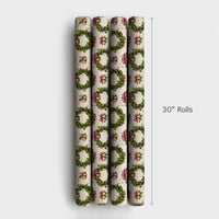 Vintage Christmas Gift Wrap, Holly Wreath Wrapping Paper, Gold Bells Holiday Wrapping Paper, Pink Bow Christmas Gift Wrap Roll