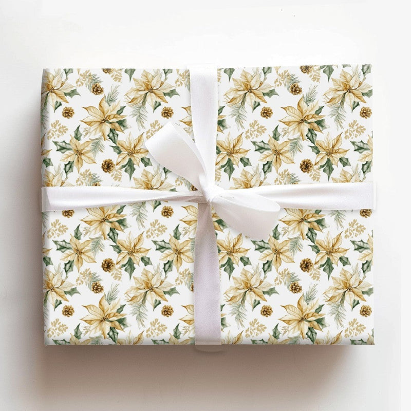 Floral Holiday Gift Wrap Roll, Golden Poinsettia Christmas Wrapping Paper, Pinecone Botanical Wrap, Traditional Xmas Present Paper