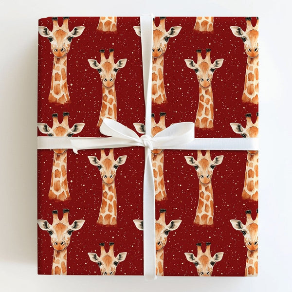 Snowy Red Animal Gift Wrap, Watercolor Giraffe Christmas Wrapping Paper, Festive Winter Giraffe Wrapping Paper, Holiday Gift 
