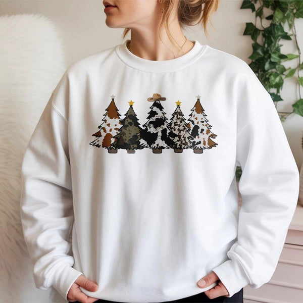 Cowhide Pattern Tree Crewneck, Country Christmas Sweatshirt, Western Holiday Sweater, Rustic Farmhouse Christmas Pullover Pre