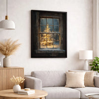 Snowy Window Winter Landscape Canvas Wall Art, Christmas Tree Canvas Print, Comfy Holiday Canvas Decor, Rustic Winter Season Canvas Art